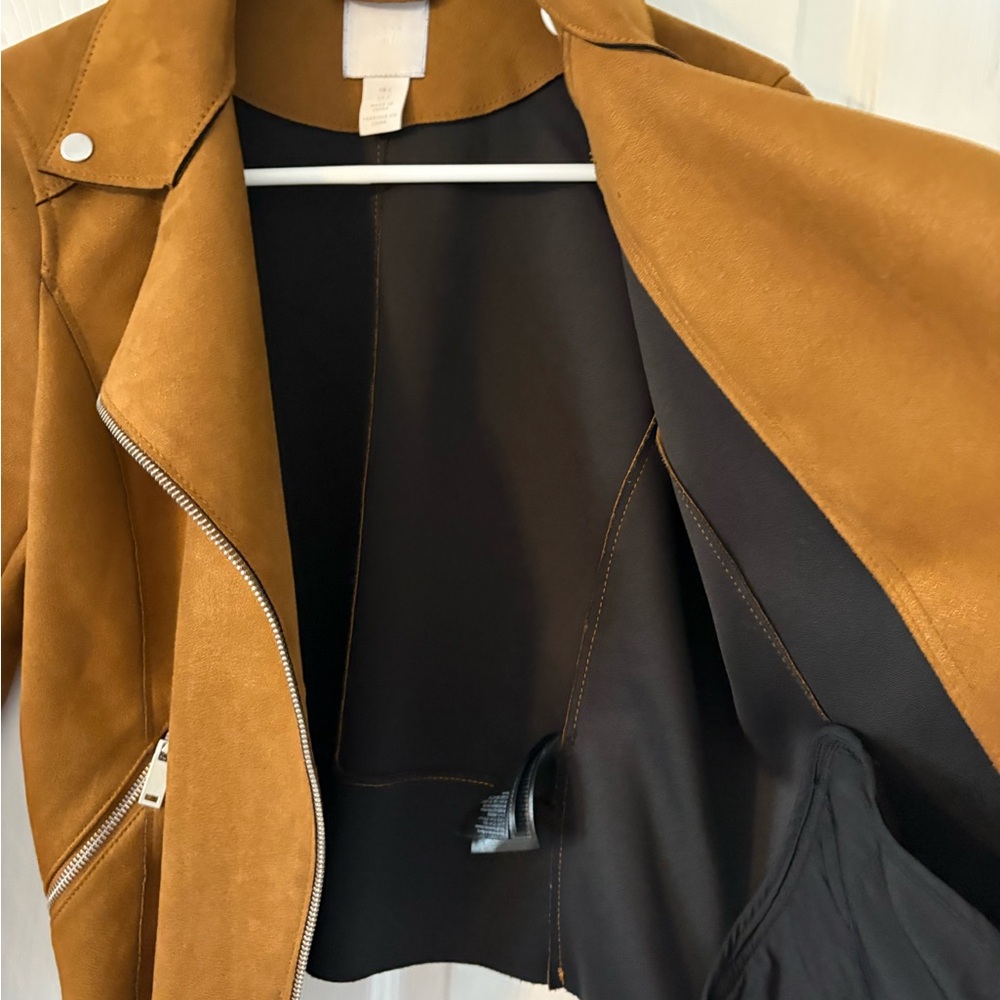 Faux Suede Moto Jacket US 2 Camel Cropped Biker Jacket Minimalist 90s - Picture 5 of 8